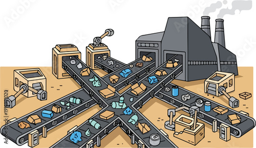 Industrial factory production line with conveyor belts and workers