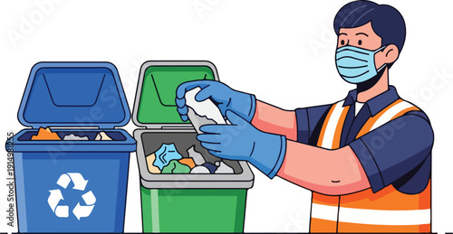Man sorting recyclables into bins with gloves and mask on