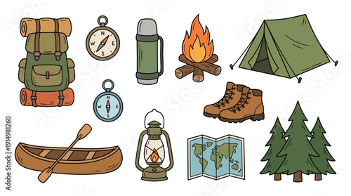 Doodle Camping Elements Adventure Outdoor Activities d flat vector isolated white background