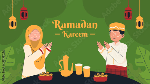 Ramadan Kareem Illustration of Muslim People Praying Before Iftar with Dates and Water
