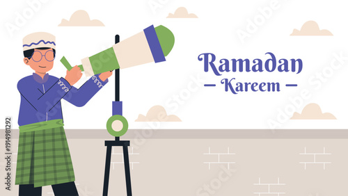 Muslim Man Looking Through Telescope to See Hilal Moon for Starting Ramadan