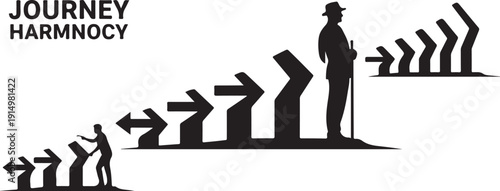 Man standing at crossroads with multiple arrows of journey