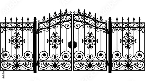 Ornate Wrought Iron Gates Fence Black Silhouette d flat vector isolated white background