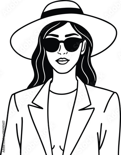 Woman Wearing Sun Hat and Sunglasses with Blazer, Black and White Line Art
