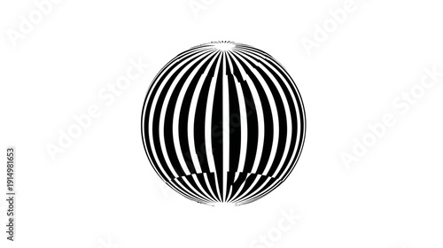 Black and white elliptical form with vertical stripes, surrounded by white space