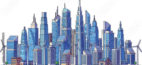 Modern cityscape with skyscrapers and wind turbines via Whisk auto