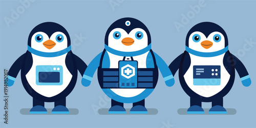 Cute penguins with smart devices and medical equipment