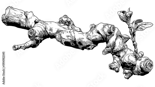 Intricate grayscale illustration of a gnarled, segmented root with sprouting leaves