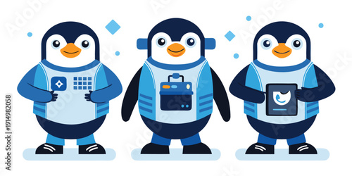 Adorable cartoon penguins in tech vests holding gadgets