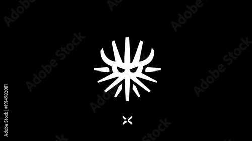 A stark white geometric glyph featuring an angry face, radiating spikes, and an 'x' beneath