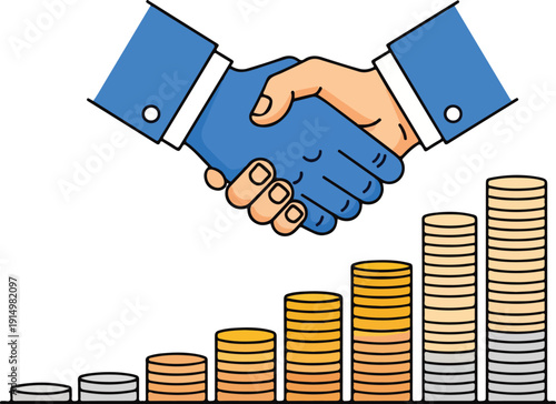Business partnership handshake over rising coins graph illustration