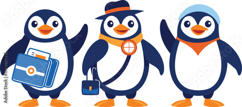Three cartoon penguins in various business and travel outfits