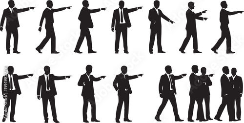 Silhouettes of businessmen in various walking and pointing poses