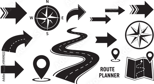 Navigation icons for route planning and direction guidance tools