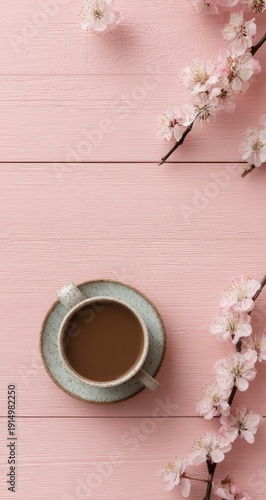 Overhead view of a cup of coffee on a pale pink wooden surface, adorned with delicate pink cherry blossoms arranged on either side