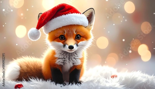 Cute Red Fox Wearing Santa Hat Winter Scene.
