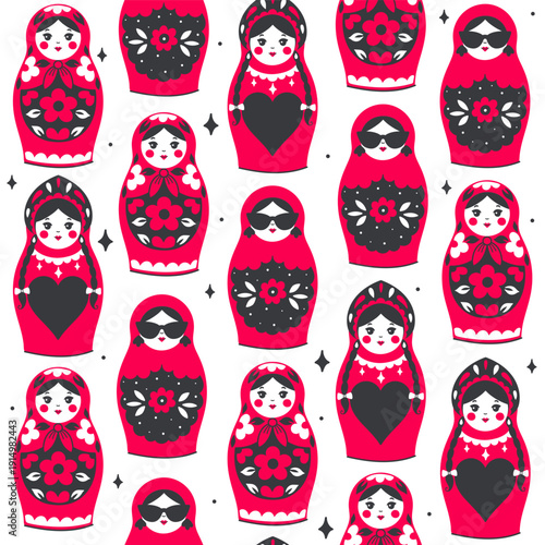 Seamless pattern with nesting dolls with various decorations. Vector graphics.