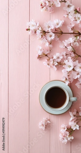 Overhead view of a light teal coffee cup and saucer resting on a pale pink wood surface, adorned with delicate pink cherry blossoms arranged asymmetrically