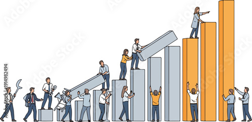 Business people climbing graph bars, showing growth via Whisk_Auto illustrations
