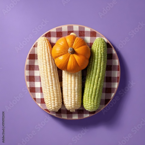 Overhead view of a red and white checkered plate holding two ears of corn and a small pumpkin, set against a purple background