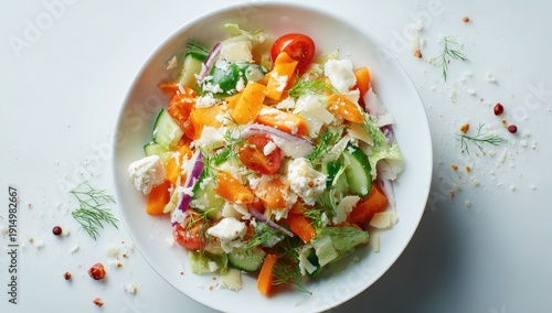 Overhead view of a vibrant salad in a white bowl, featuring cucumber, tomato, red onion, cheese, and fresh herbs, with a light dressing; garnished with additional herbs and cheese