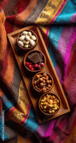 Overhead view of four small wooden bowls on a rectangular tray, containing various snacks including nuts, seeds, dried cranberries, and chocolate pieces, arranged on a colorful striped fabric