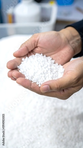 Hands hold pile of white pellets, material background