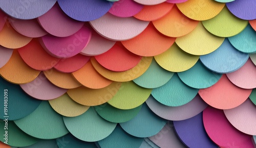 Overlapping, textured, circular shapes in a rainbow gradient, creating a fish-scale or tiled effect.  The colors transition smoothly from purple to teal