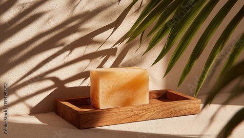 Pale-orange soap bar rests on a small, rectangular wooden tray, illuminated by sunlight filtering through palm fronds casting shadows on a beige wall