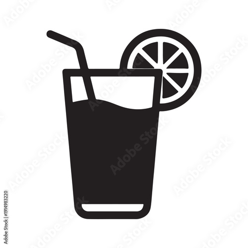 A black and white illustration of a glass with a straw and lemon slice on the rim