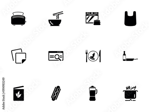 Comprehensive Set of Kitchen Appliances and Food Silhouette Icons