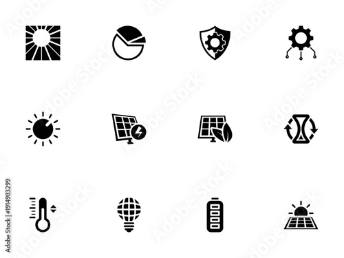 Solar Energy and Sustainable Technology Icon Set in Black Silhouette