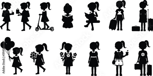 Adorable little girl silhouette set, diverse childhood activities vector icons, school travel and play design elements, childhood life nature illustrations,
