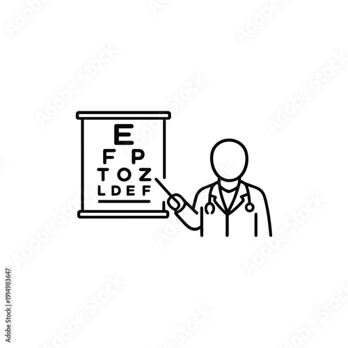 Ophthalmology eye exam chart with optometrist doctor line icon black and white medical vision test vector illustration