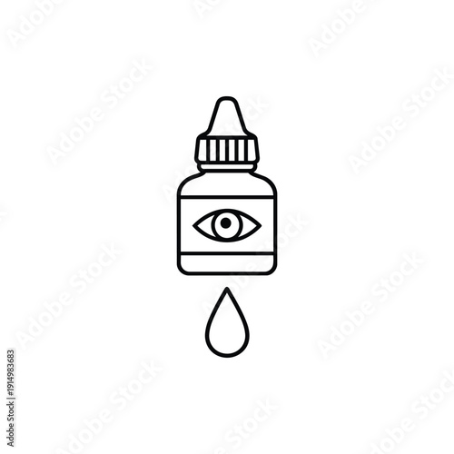 Black and white vector icon of eye drops bottle with eye symbol for ophthalmology and eye care