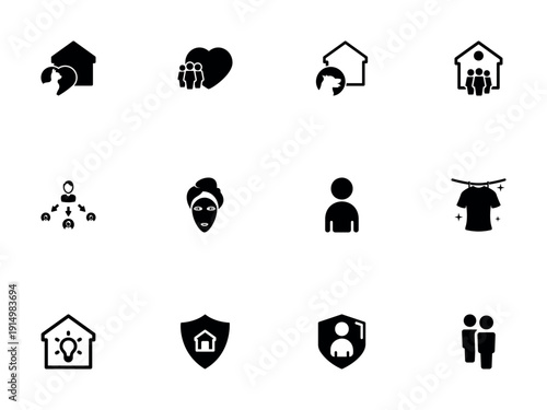 Diverse Black Silhouette Icons for Family Home and Personal Care