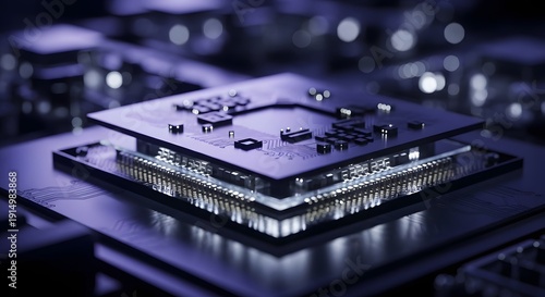 Futuristic AI Microchip on Circuit Board with Glowing Technology Lines