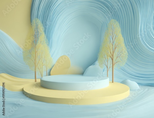 Pastel blue and yellow abstract landscape featuring a cylindrical pedestal flanked by two stylized, pale yellow trees against a swirling, wave-like backdrop