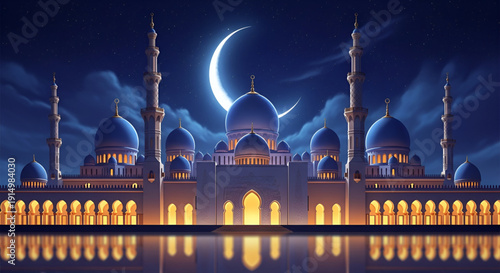 Majestic eid al fitr night mosque scene with glowing crescent moon reflections and illuminated islamic architecture for festival celebration vector artwork