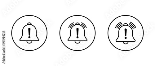 Alert notification bell outline icon in circular line. Warning reminder symbol. Attention notice sign