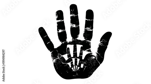 A striking black and white hand print, textured, with a stylized design within
