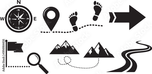 Navigation and exploration icons for travel and adventure planning