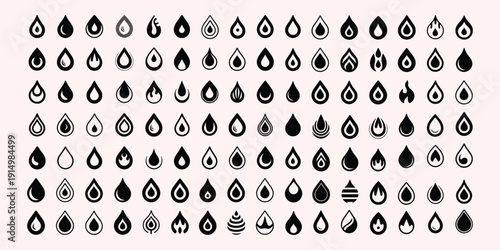 Collection of Black Water Drop Icons with Variations
