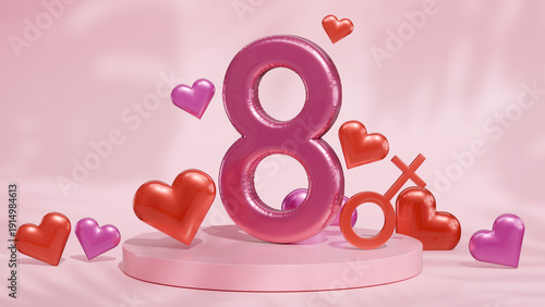 March 8 Pink symbol with 3d red heart . International Women's day pink background.