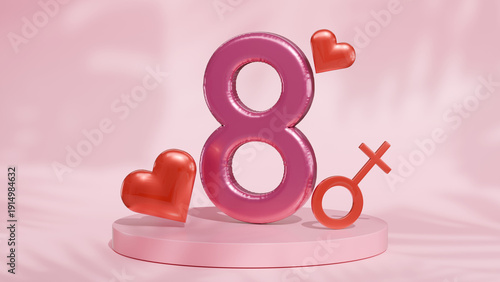 March 8 Pink symbol with 3d red heart . International Women's day pink background.