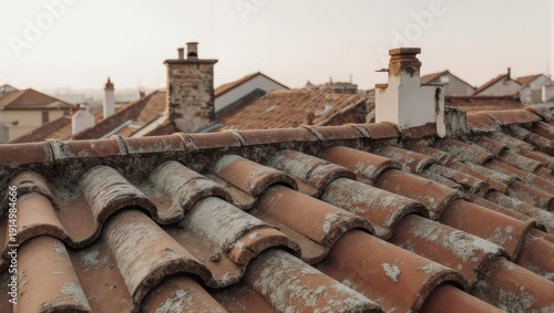 Close-up of weathered terracotta roof tiles and chimneys on old buildings under a soft sky.