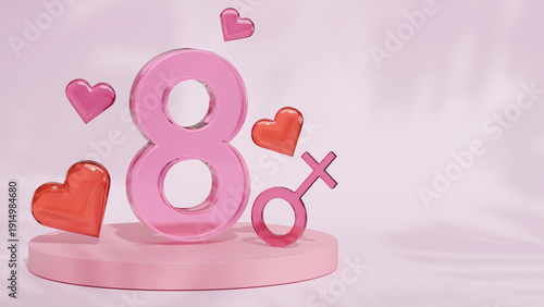 March 8 Pink symbol with 3d red heart . International Women's day pink background.
