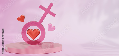 March 8 Pink symbol with 3d red heart . International Women's day pink background.