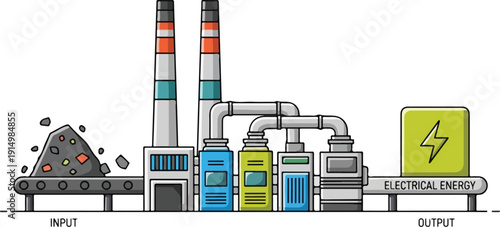 Industrial factory generating electrical energy with smokestacks producing power