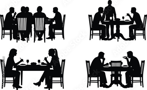 Black restaurant silhouette icons of people eating dinner, friends socializing at dining table, couple on romantic date, and waiter serving food.